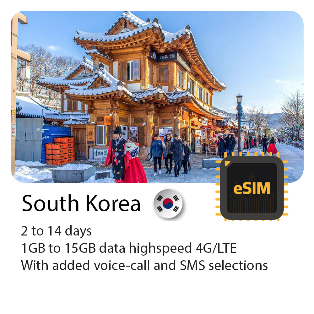Korea travel eSIM 2 to 14 days highspeed 4G Data & Voice calls