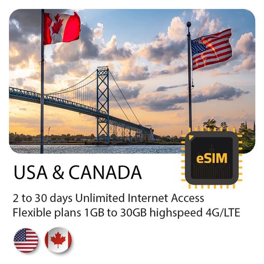 eSIM for USA & Canada travel 2 to 30 days with highspeed 4G data