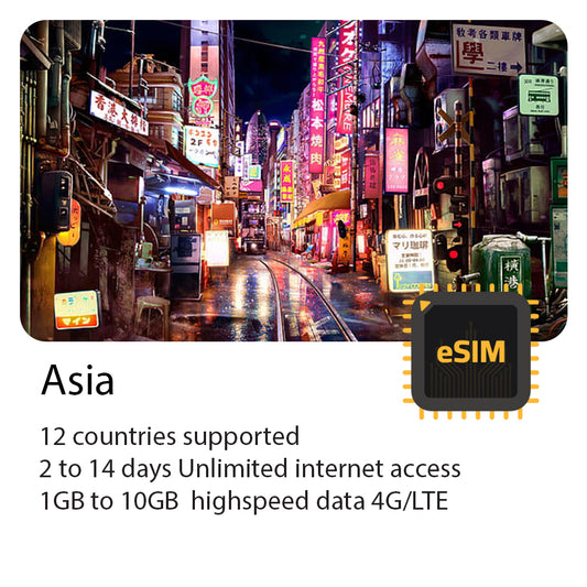 Asia travel eSIM 12 countries 2 to 14 days highspeed 4G Data
