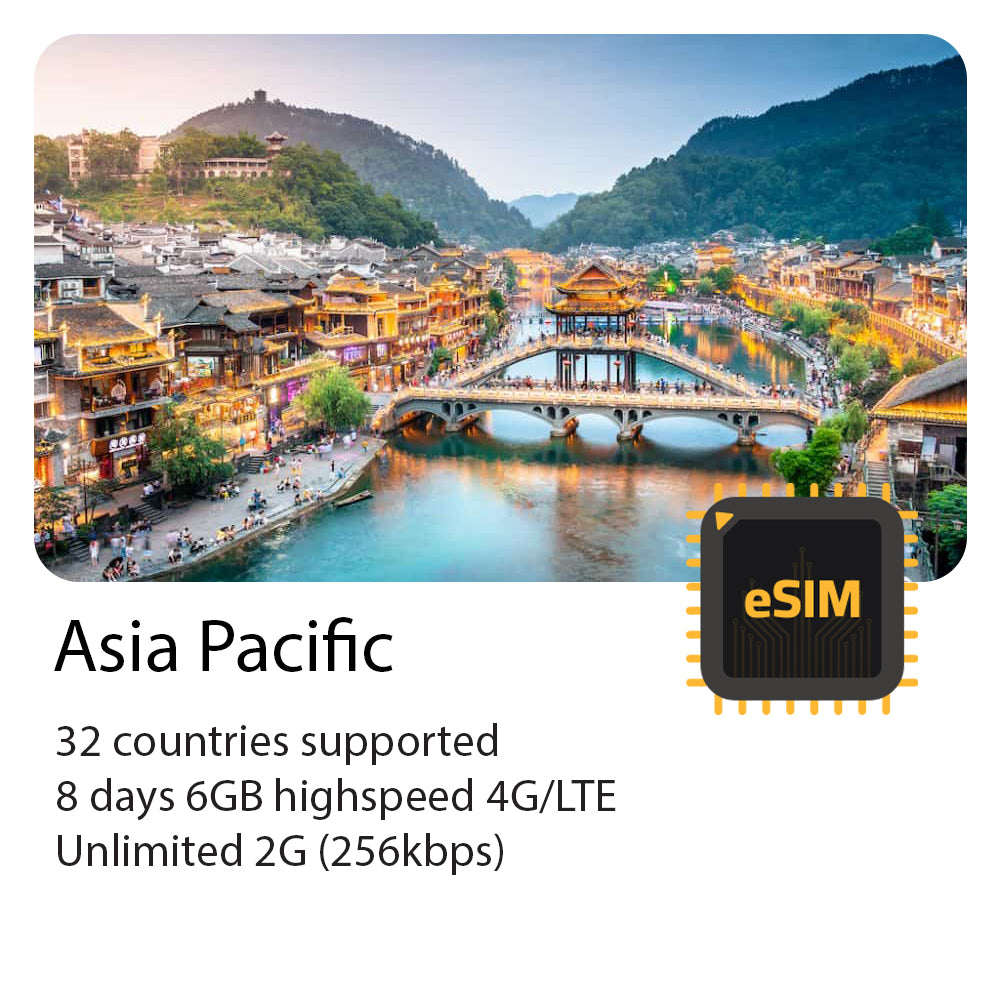 Asia travel eSIM 32 countries | Asia Pacific eSIM | 8 days 6GB highspeed 4G | Unlimited 2G 256kbps