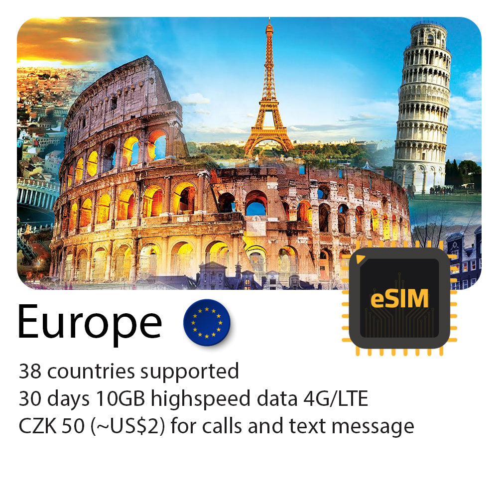 eSIM for Europe 38 countries  30 days 10GB & 50CZK (US$2) for voice calls