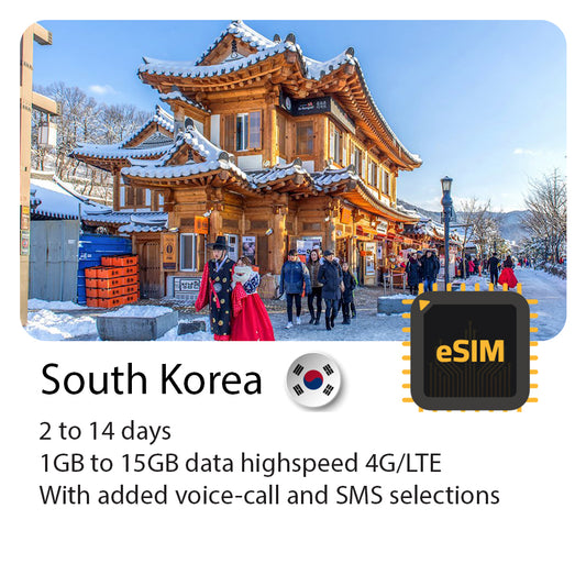 Korea travel eSIM 2 to 14 days highspeed 4G Data & Voice calls