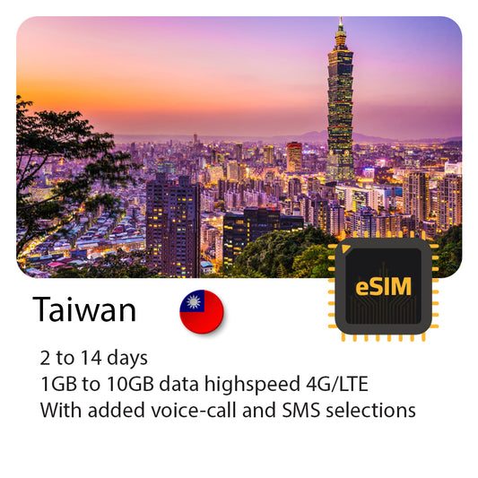 Taiwan travel eSIM 2 to 14 days | Highspeed 4G Data & Voice calls