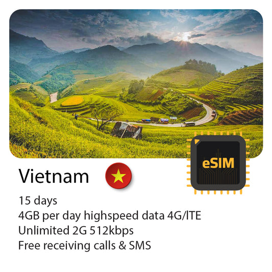 Vietnam travel eSIM 15 days | 4GB per day | Free receiving calls & SMS