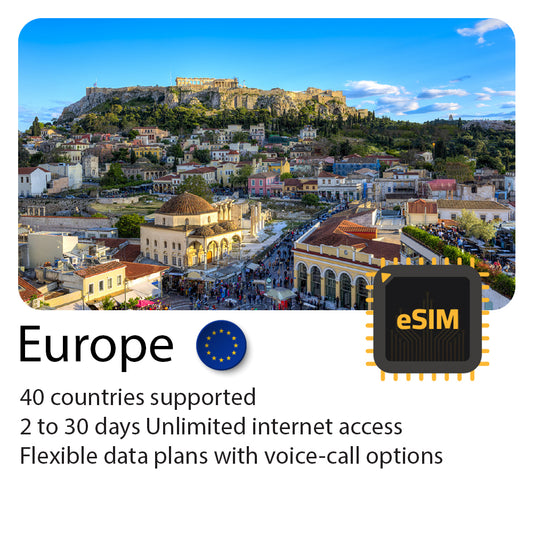 Europe 40 countries travel eSIM 2 to 30 days highspeed 4G data